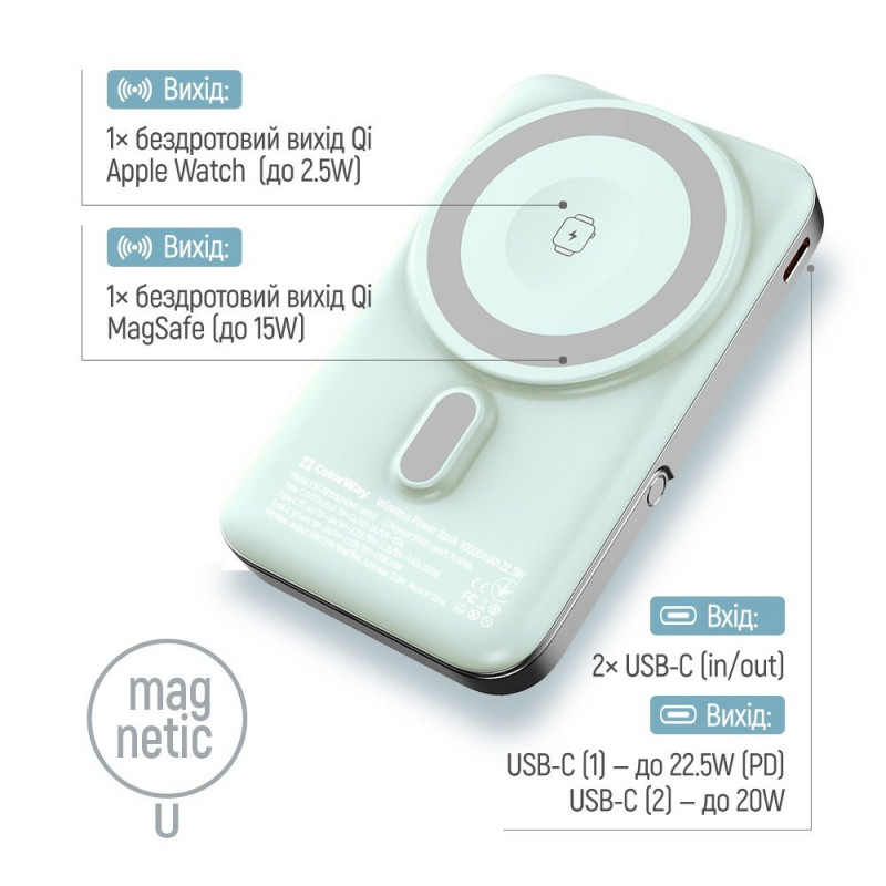 Power Bank ColorWay 10 000 mAh 15W MagSafe & Watch Wireless Aquamarine (USB-C PD 22.5W)
