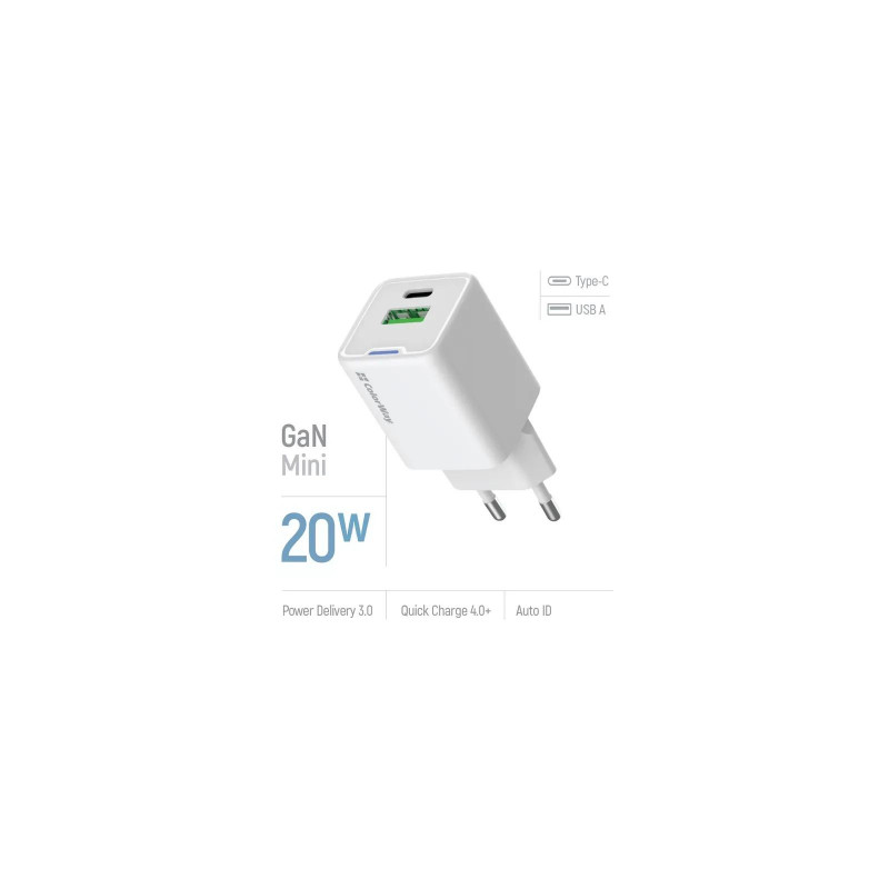 Зарядний пристрій Colorway GaN Mini 20W PD Port PPS USB (Type-C PD + USB QC4.0) біле
