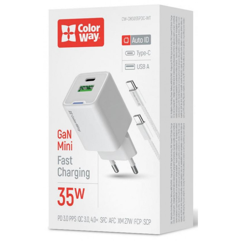 Мережевий зарядн. прист. Colorway GaN Mini 35W PD Port PPS USB (Type-C PD + USB QC4.0) cable Type-C