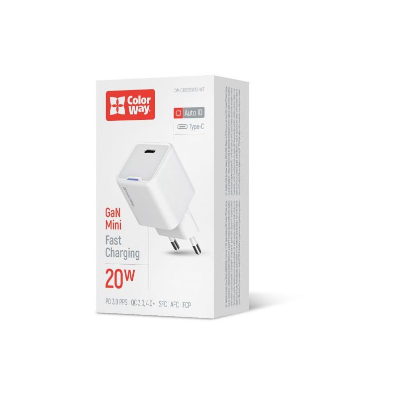 Мережевий зарядний пристрій Colorway GaN Mini 20W PD Port PPS USB-C білий CW-CHS059PD-WT