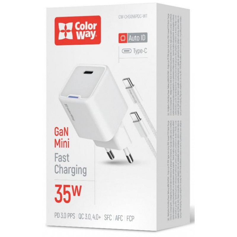 Мережевий зарядн. прист. Colorway GaN Mini 35W PD Port PPS USB-C біле cable Type-C