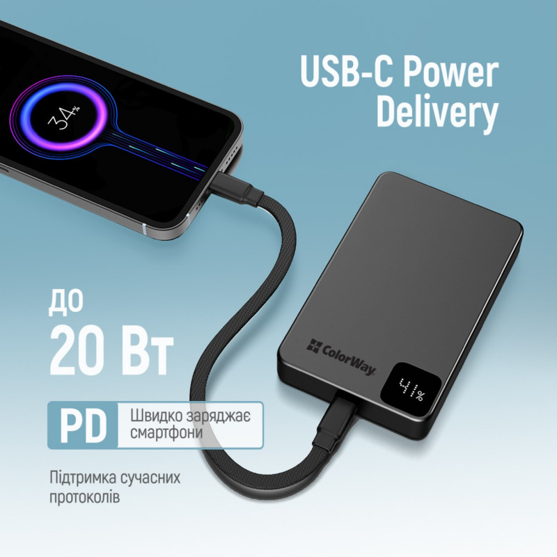 Power Bank ColorWay 10 000 mAh 15W MagSafe (USB-C PD 20W) Black