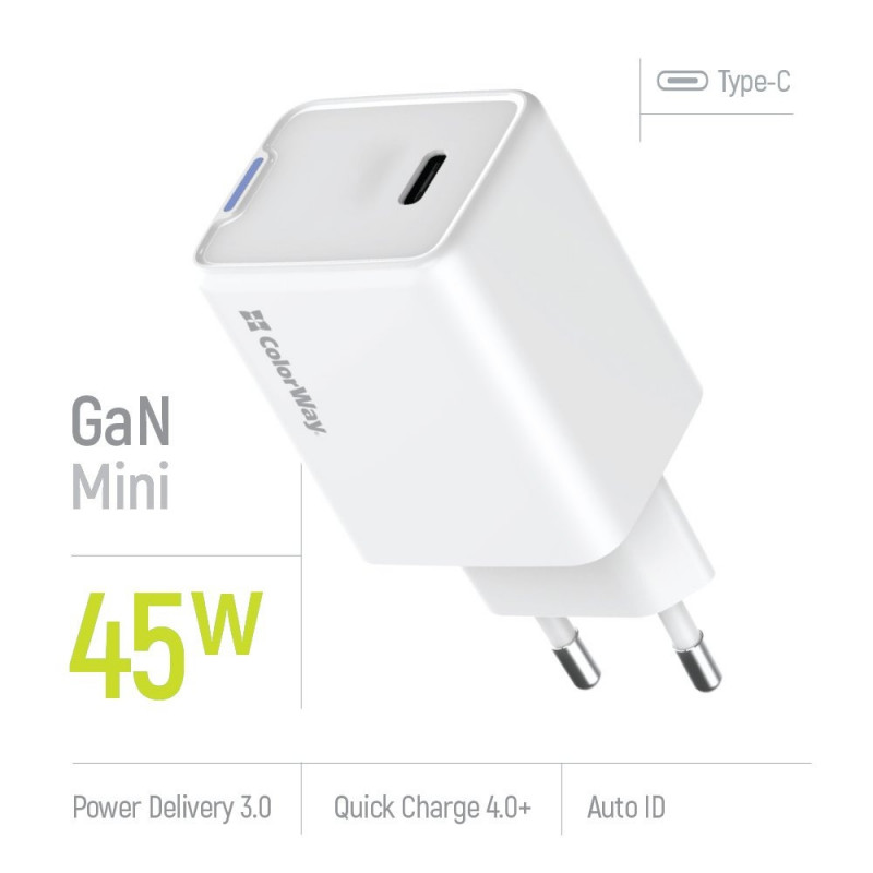 Зарядний пристрій Colorway GaN Mini 45W PD Port PPS USB-C біле