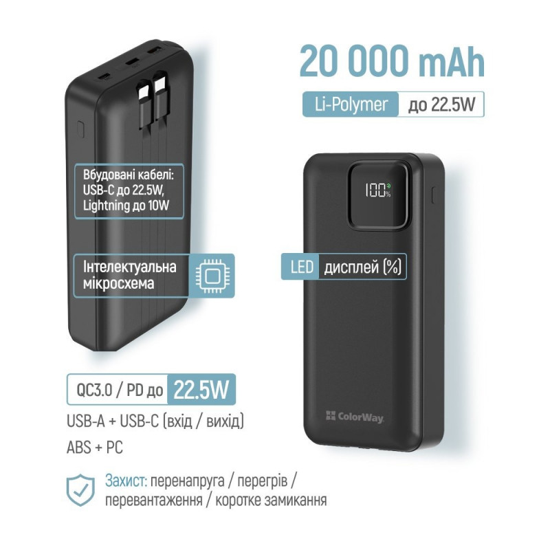 Power Bank ColorWay 20 000 mAh Optimal Power (USB QC3.0 + USB-C PD22.5W) Black