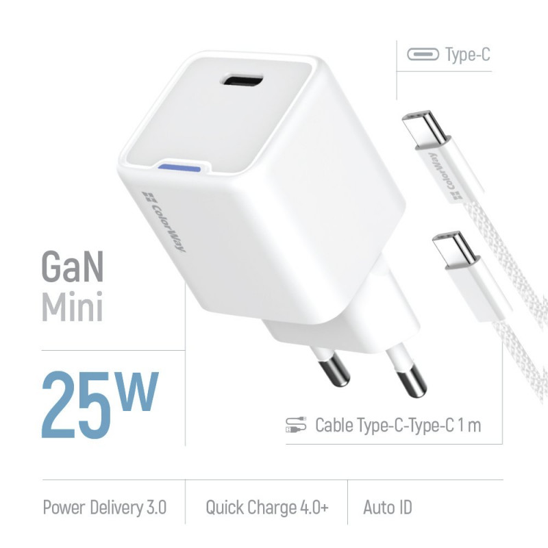 Зарядний пристрій Colorway GaN Mini 25W PD Port PPS USB-C біле cable Type-C