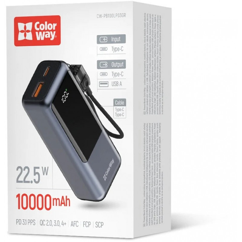 УМБ ColorWay Power Bank 10 000 mAh Urban (USB QC4.0 + USB-C PD22.5W) Gray