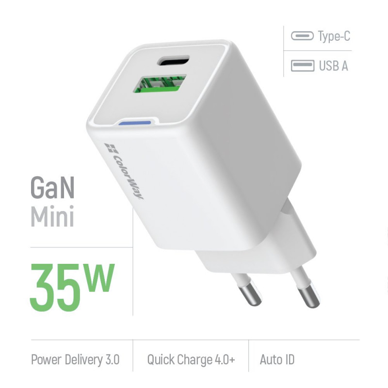 Зарядний пристрій Colorway GaN Mini 35W PD Port PPS USB (Type-C PD + USB QC4.0) біле