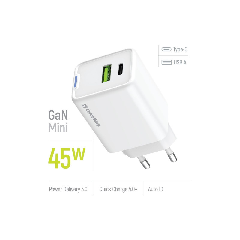 Зарядний пристрій Colorway GaN Mini 45W PD Port PPS USB (Type-C PD + USB QC4.0) білий