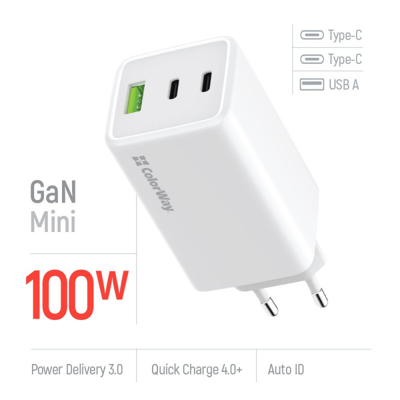 Зарядний пристрій Colorway GaN Mini 100W PD Port PPS USB (USB-2C1A) білий