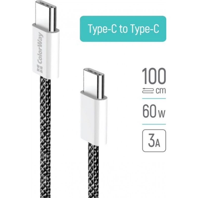 Кабель Colorway Type-C - Type-C (braided cotton) (PD Fast Charging 60W) 3.0А 1м CW-CBPDCC061-BK