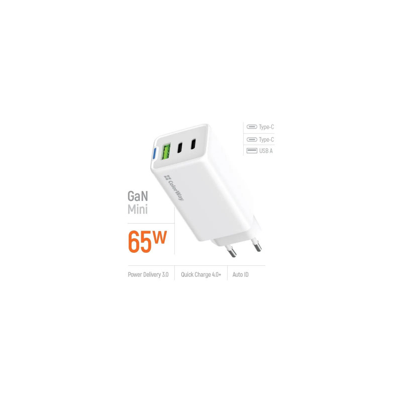 Зарядний пристрій Colorway GaN Mini 65W PD Port PPS USB (USB-2C1A) біле