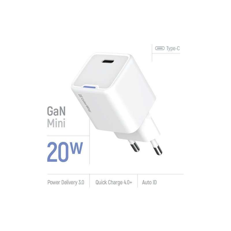 Мережевий зарядний пристрій Colorway GaN Mini 20W PD Port PPS USB-C білий CW-CHS059PD-WT