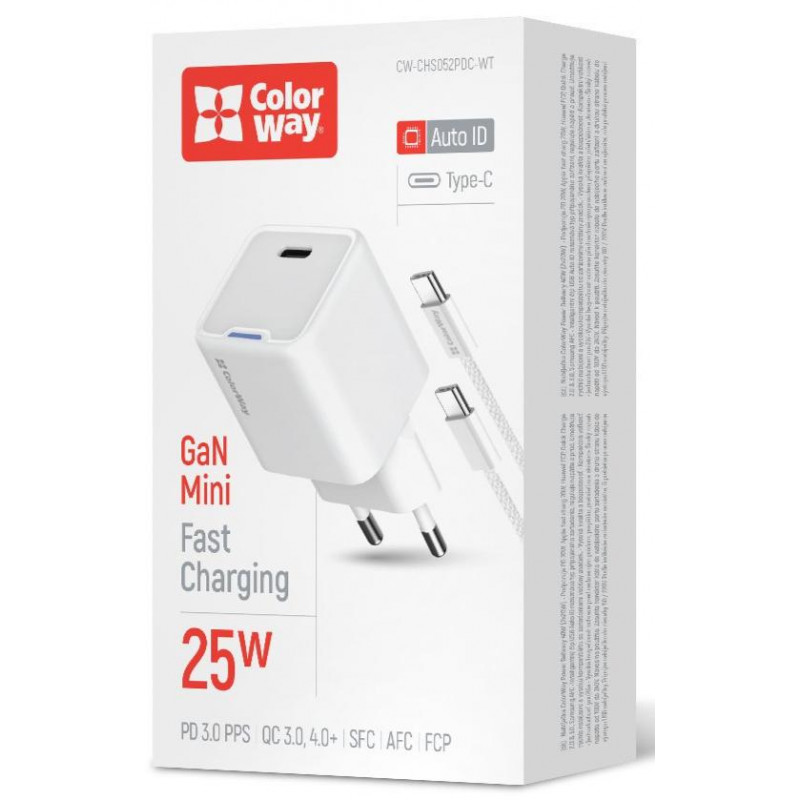 Зарядний пристрій Colorway GaN Mini 25W PD Port PPS USB-C біле cable Type-C