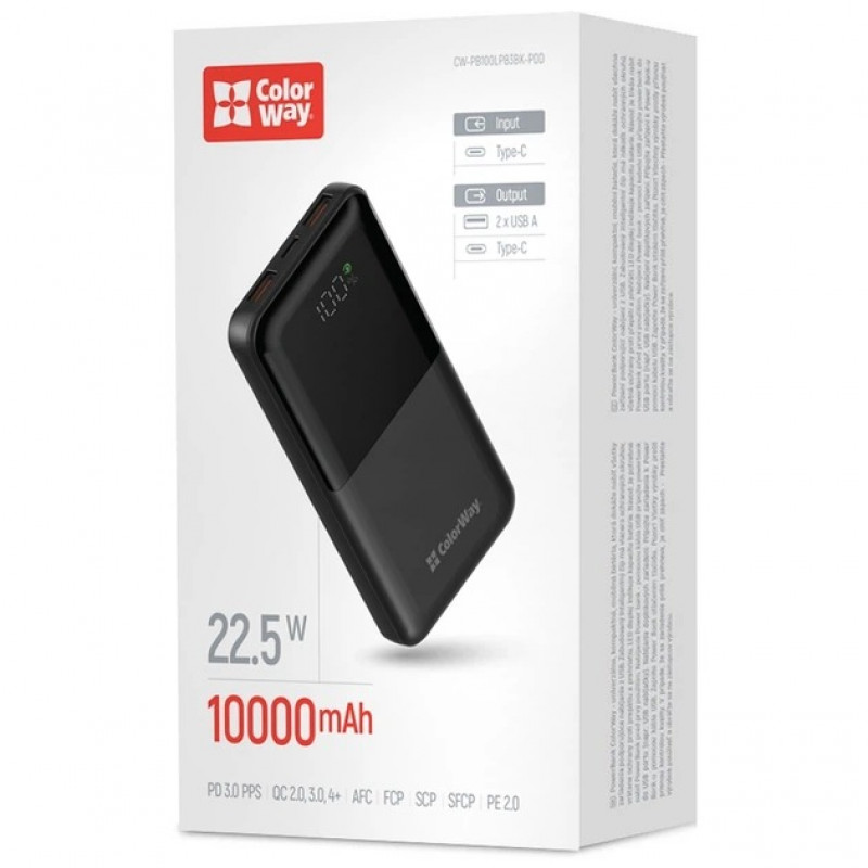 Power Bank ColorWay 10 000 mAh LCD (USB QC3.0 + USB-C PD22.5W) Black