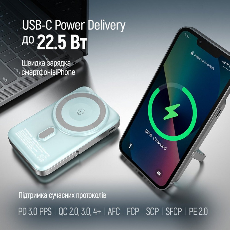 Power Bank ColorWay 10 000 mAh 15W MagSafe & Watch Wireless Aquamarine (USB-C PD 22.5W)