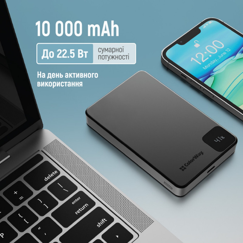Power Bank ColorWay 10 000 mAh 15W MagSafe (USB-C PD 20W) Black
