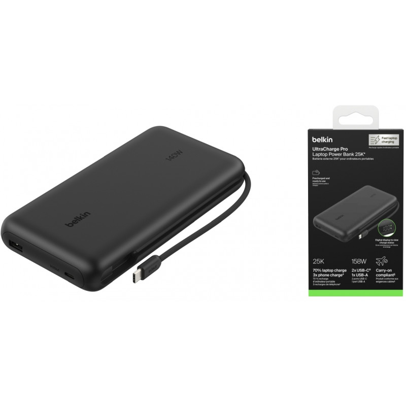 Акумулятор портативний Power Bank Belkin 25000мА·год, з інтегрованим кабелем USB-C, чорний BPB039HQB