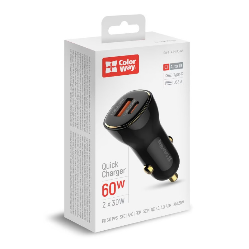 Авто зарядний пристрій Colorway Power Delivery Port PPS USB (USB-A + USB-C) (60W) Black CW-