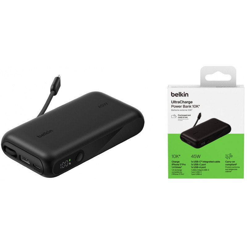 Акумулятор портативний Power Bank Belkin 10000мА·год, з інтегрованим кабелем USB-C, чорний BPB029HQB