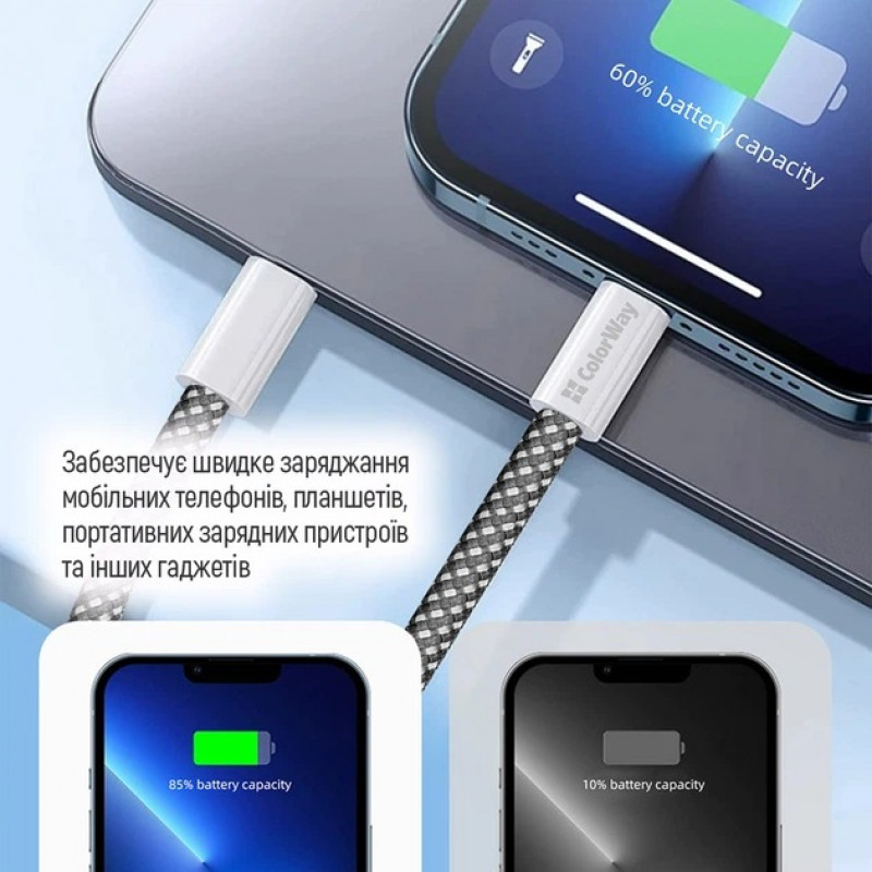 Кабель Colorway Type-C - Apple Lightning (braided cotton) (PD FC 27W) 1м (CW-CBPDCL061-BK)