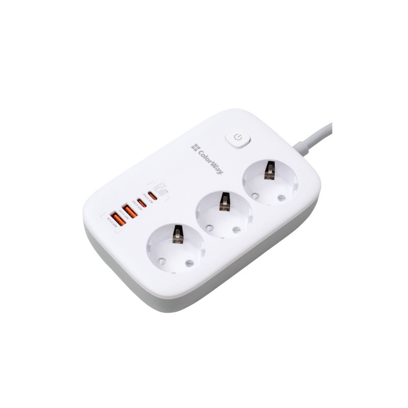 Мережевий фільтр з зарядкою СolorWay 3 розетки/4USB GaN3 Pro PD (2USB-A + 2 TYPE-C) (65W) White 2M (