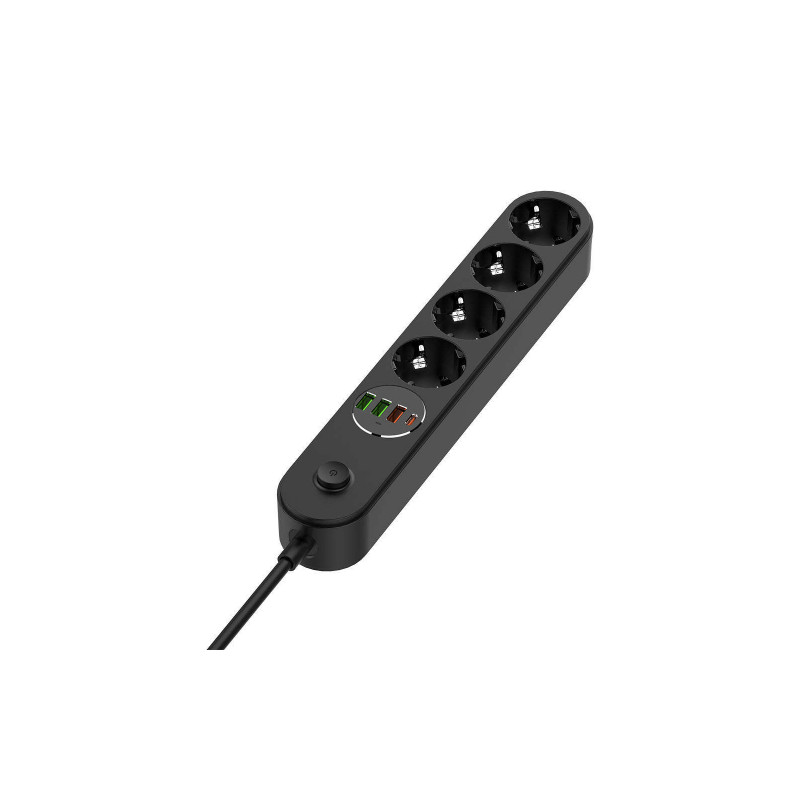Мережевий фільтр-подовжувач СolorWay 4 розетки/4USB (Type-C PD20W + 3USB QC3.0) (45W) Black 2M