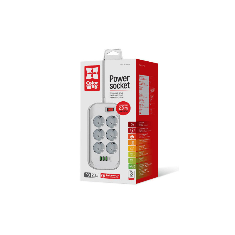 Мережевий фільтр-подовжувач СolorWay 6 розеток/4USB (Type-C PD20W + 3USB QC3.0) (38W) White 2M