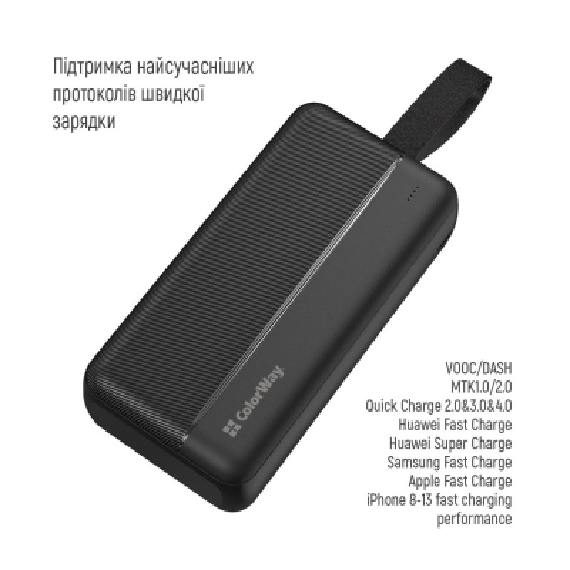 Power Bank ColorWay 30 000 mAh High-power 2(USB QC3.0 + USB-C Power Delivery 22.5W) Black