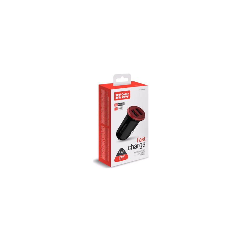 Авто зарядний пристрій Colorway 2USB AUTO ID 3.4A (17W) red/black (CW-CHA026-BK)