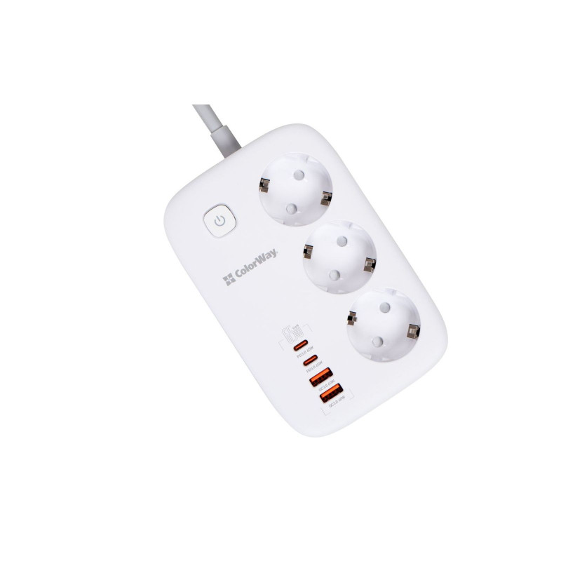 Мережевий фільтр з зарядкою СolorWay 3 розетки/4USB GaN3 Pro PD (2USB-A + 2 TYPE-C) (65W) White 2M (