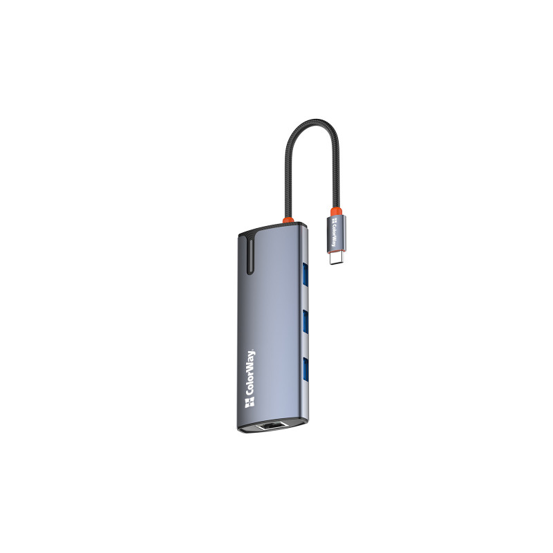 USB хаб (док-станція) СolorWay USB-C 6-в-1 Type C PD 100W/USB3.0х3/HDMI 4К/RJ45