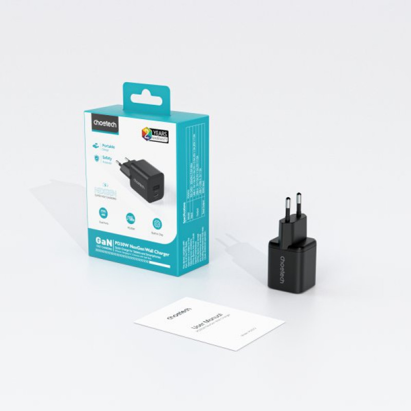 Мережевий зарядний пристрій Choetech PD5012-EU-BK, USB-A/USB-С