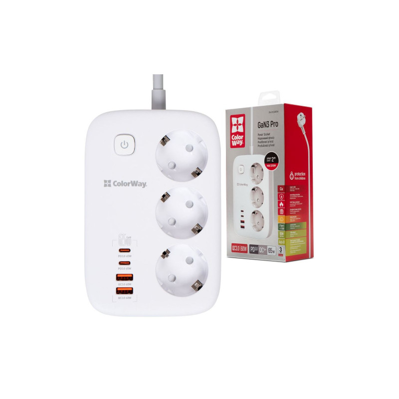 Мережевий фільтр з зарядкою СolorWay 3 розетки/4USB GaN3 Pro PD (2USB-A + 2 TYPE-C) (65W) White 2M (