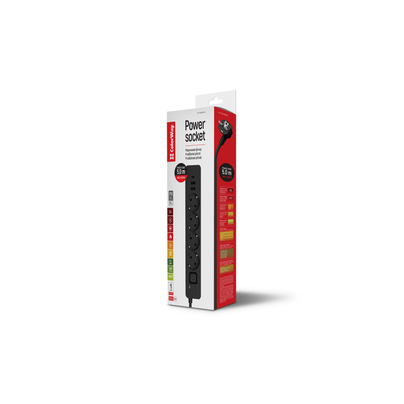 Мережевий фільтр-подовжувач СolorWay 4 розетки/3USB (2USB-A + 1 TYPE-C) (24W) Black 5M