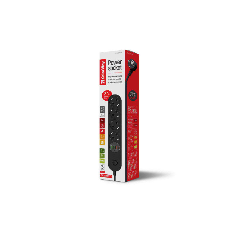 Мережевий фільтр-подовжувач СolorWay 4 розетки/4USB (Type-C PD20W + 3USB QC3.0) (45W) Black 2M