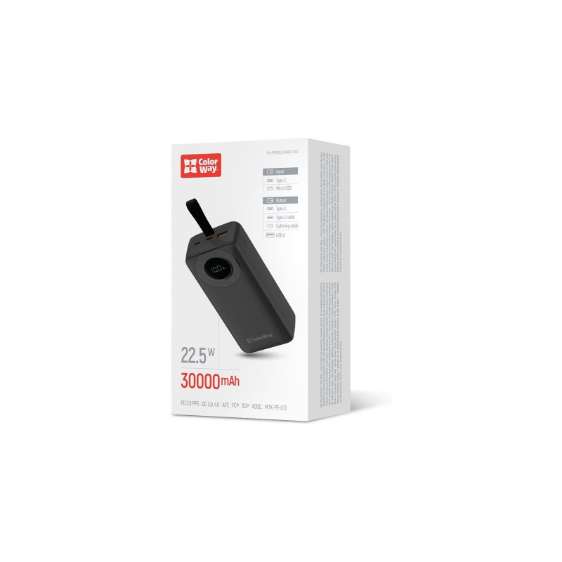Power Bank ColorWay 30 000 mAh EnergyPlus (USB QC3.0 + USB-C Power Delivery 22.5W) Black