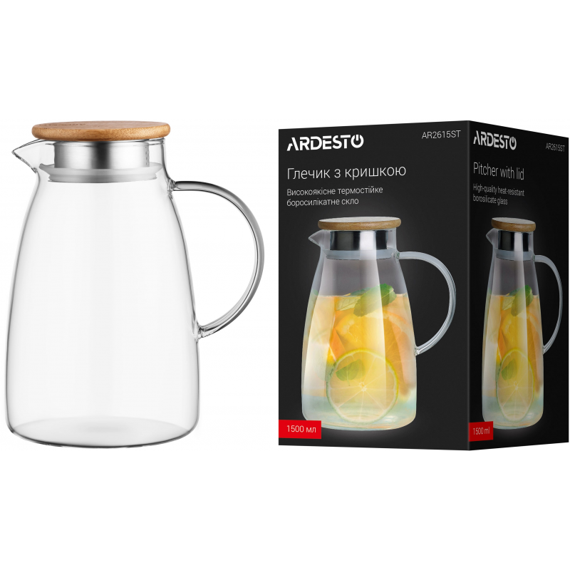Глечик з кришкою Ardesto, 1500мл, боросилікатне скло, бамбук, прозорий AR2615ST