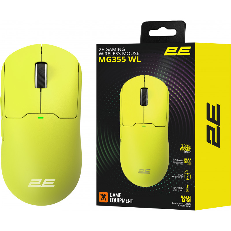 Миша 2E GAMING MG355 WL, RGB, USB-A/WL, жовтий 2E-MG355UYW-WL