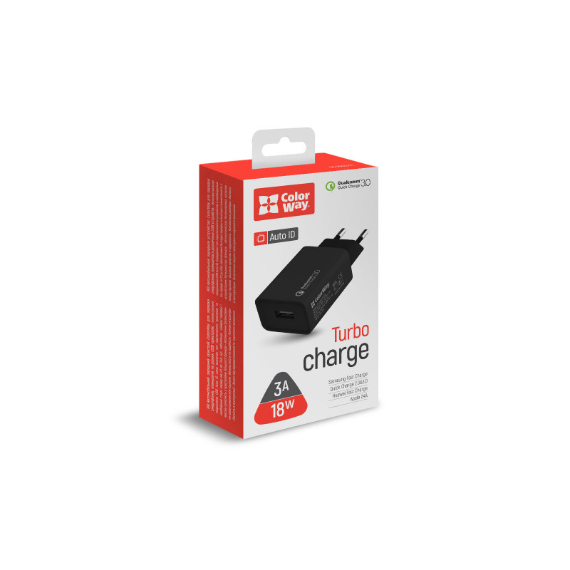 Зарядний пристрій Colorway 1USB Quick Charge 3.0 (18W) Black (CW-CHS013Q-BK)