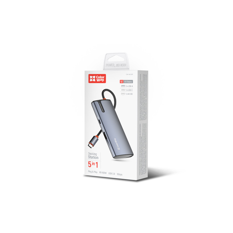 USB хаб (док-станція) СolorWay USB-C 5-в-1 Type C PD 100W/USB3.0х3/HDMI 4К