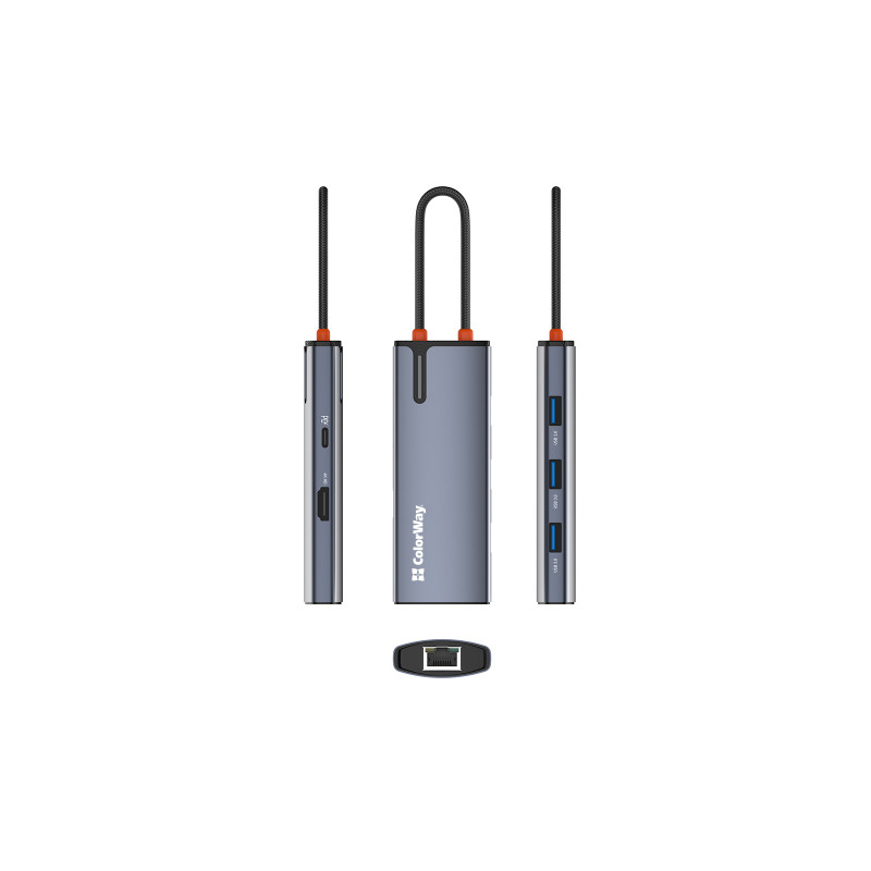USB хаб (док-станція) СolorWay USB-C 6-в-1 Type C PD 100W/USB3.0х3/HDMI 4К/RJ45