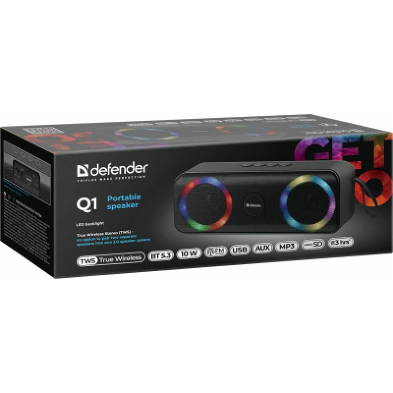 Портативна акустика DEFENDER (65301)Q1 10Вт, Light/FM/microSD/USB, чорний