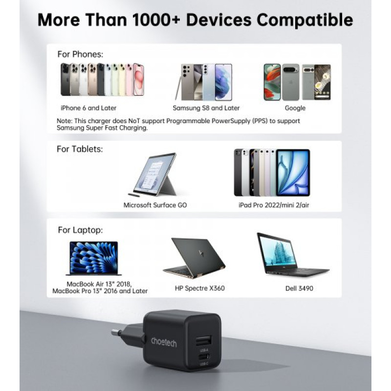 Мережевий зарядний пристрій Choetech PD5012-EU-BK, USB-A/USB-С