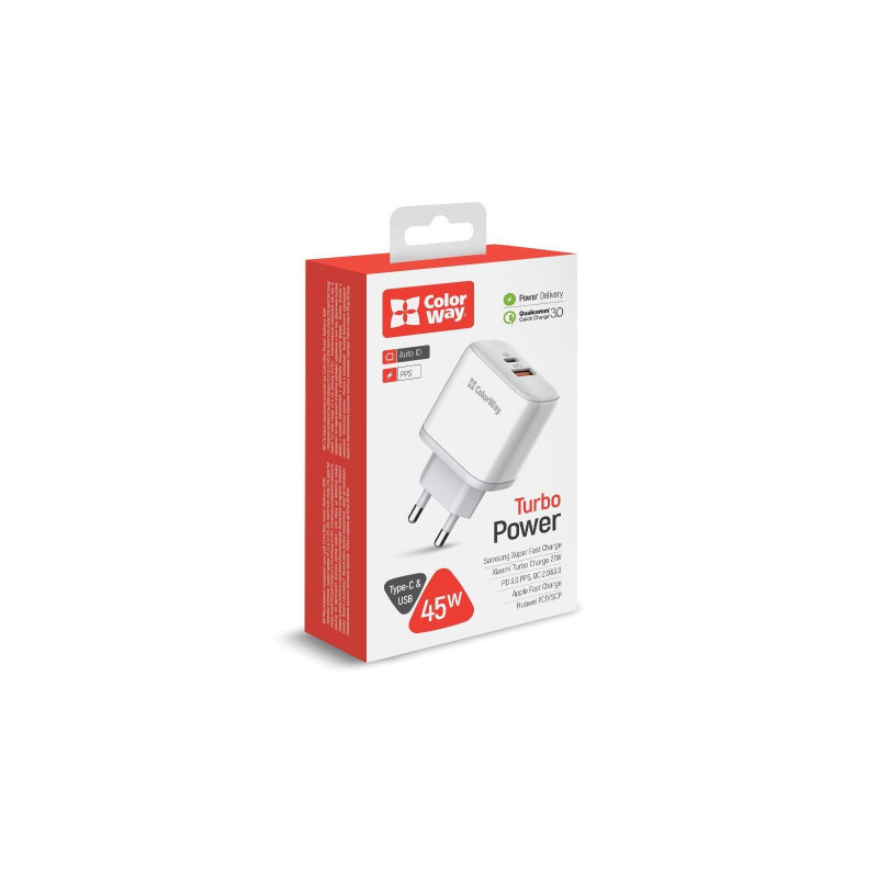 Мережевий зарядний пристрій Colorway Power Delivery Port PPS USB (Type-C PD + USB QC3.0) (45W) білий