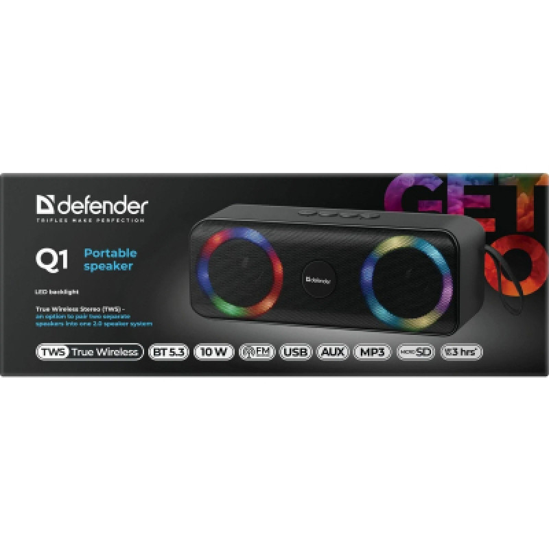 Портативна акустика DEFENDER (65301)Q1 10Вт, Light/FM/microSD/USB, чорний