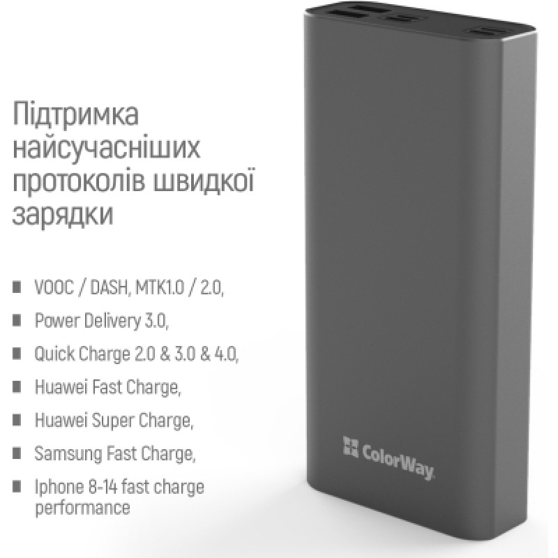 Power Bank ColorWay 20 000 mAh Full (USB QC3.0 + USB-C Power Delivery 22.5W) Gray