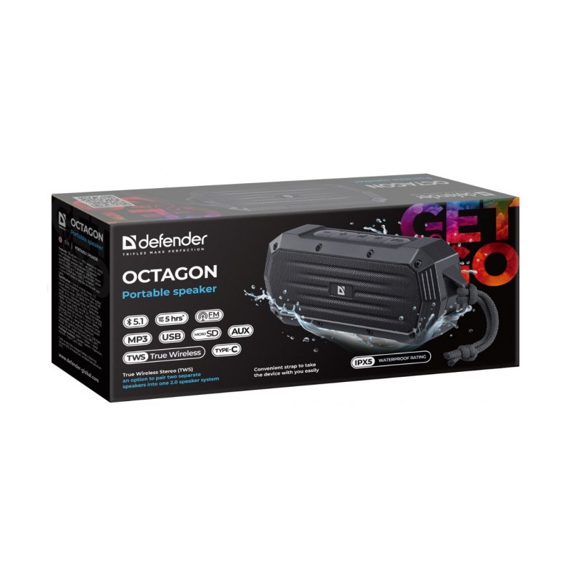 Портативна акустика DEFENDER (65039)Octagon 5Вт, FM/microSD/USB/TWS, чорний