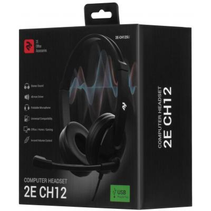 Гарнітура On-ear 2E CH12 USB, omni-mic, 2м, чорний 2E-CH12SU
