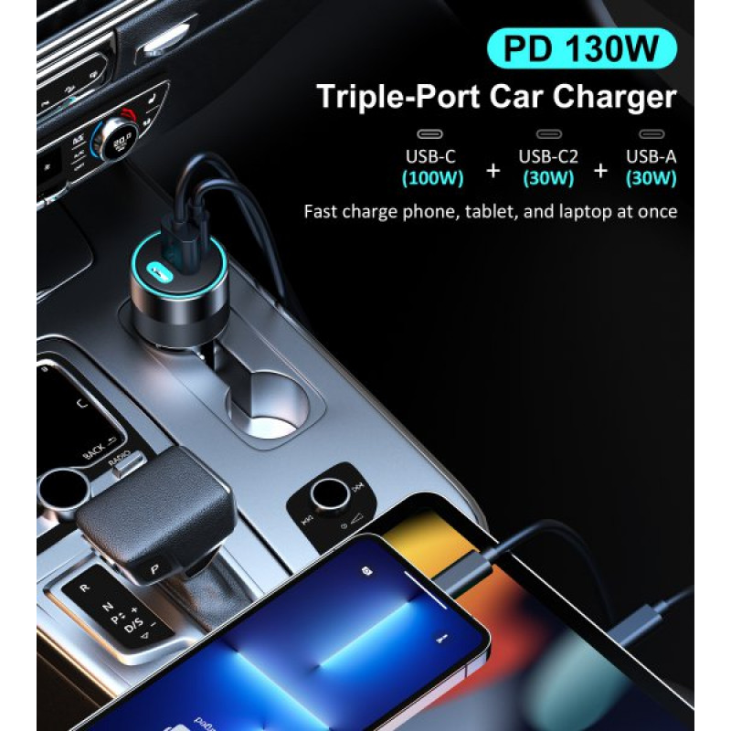 Автомобільний зарядний пристрій TC0011-BK, 3 порти, 130Вт, QC3.0+PD, чорний