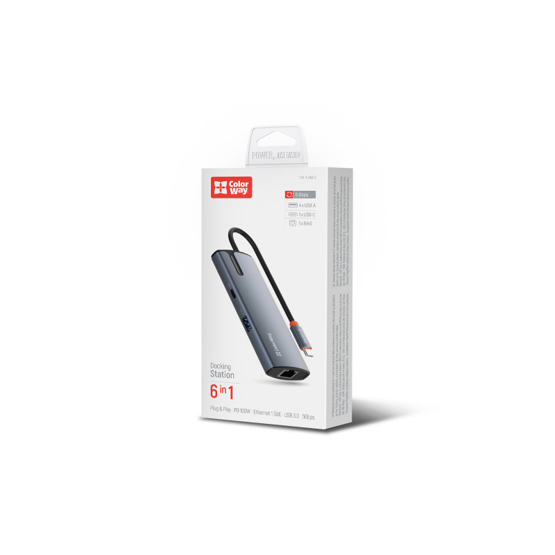 USB хаб (док-станція) СolorWay USB-C 6-в-1 Type C PD 100W/USB3.0х3/USB2.0/RJ45 CW-HUB03